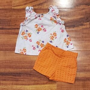 Janie and Jack EUC 12-18 months floral swiss dot blouse and orange eyelet shorts